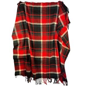 Vintage Troy Leisure Blanket Plaid Fringe Throw Red Green Made in USA 50x106